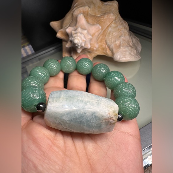 MASSIVE AQUAMARINE + JADE  AVENTURINE  NATURAL STONES BRACELET size 7” - Picture 9 of 16